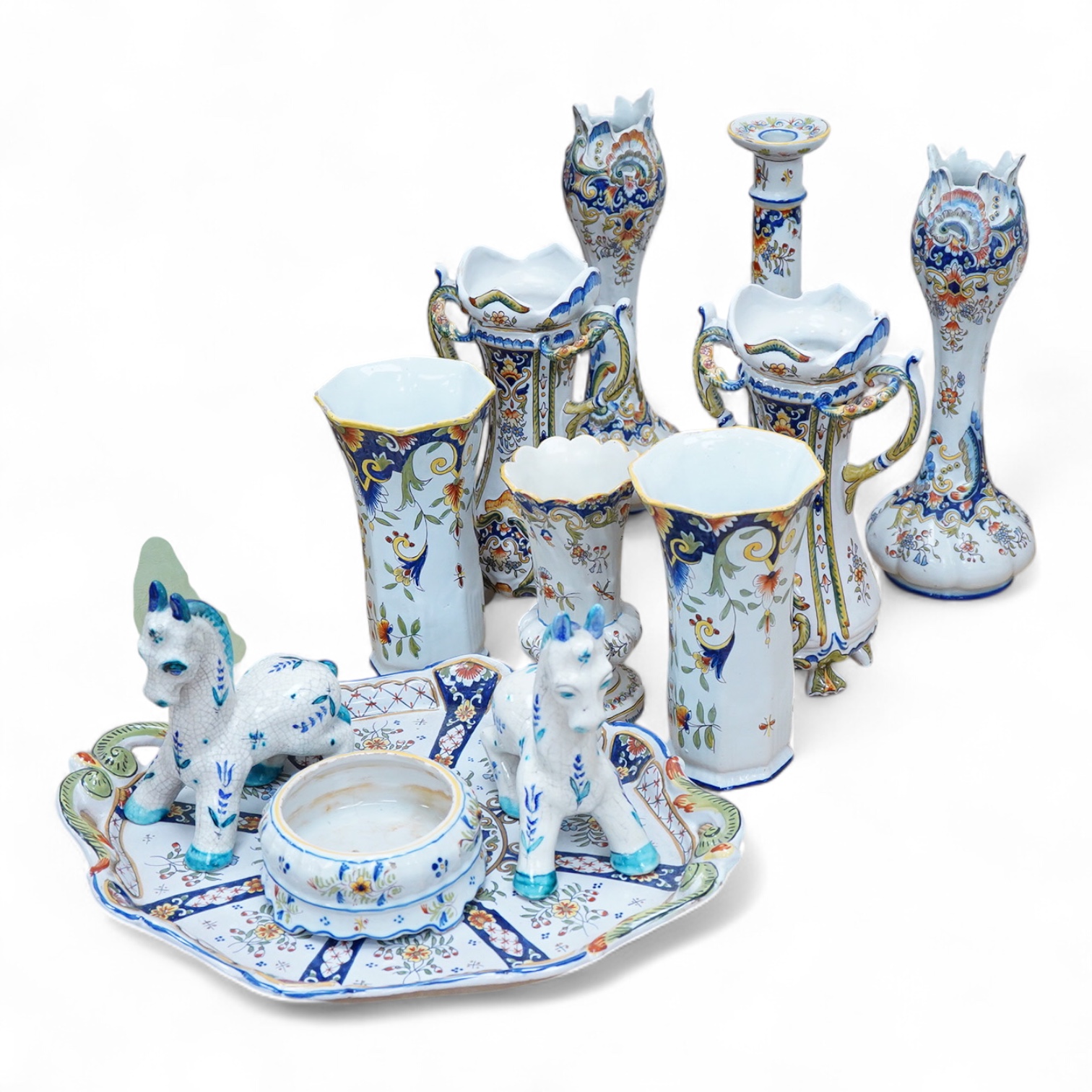 Three pairs of 19th century French faience vases, octagonal raven tray etc